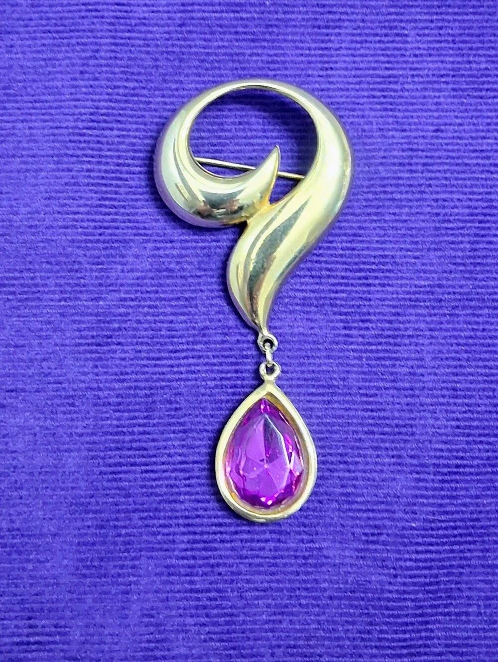 Vintage Brooch Question Mark Gold Tone With Purple Pink Crystal Whimsical